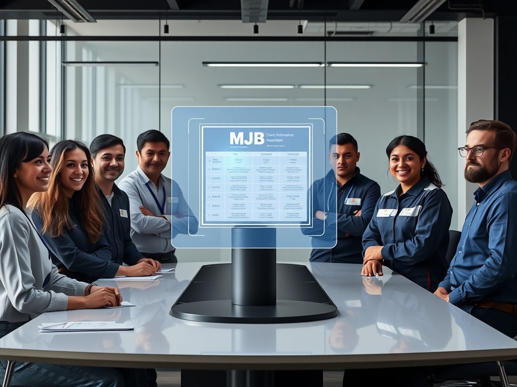 "A diverse group of facility managers and technicians around a sleek table, reviewing a glowing MJB template on a holographic screen, confident, collaborative ambiance, modern office."