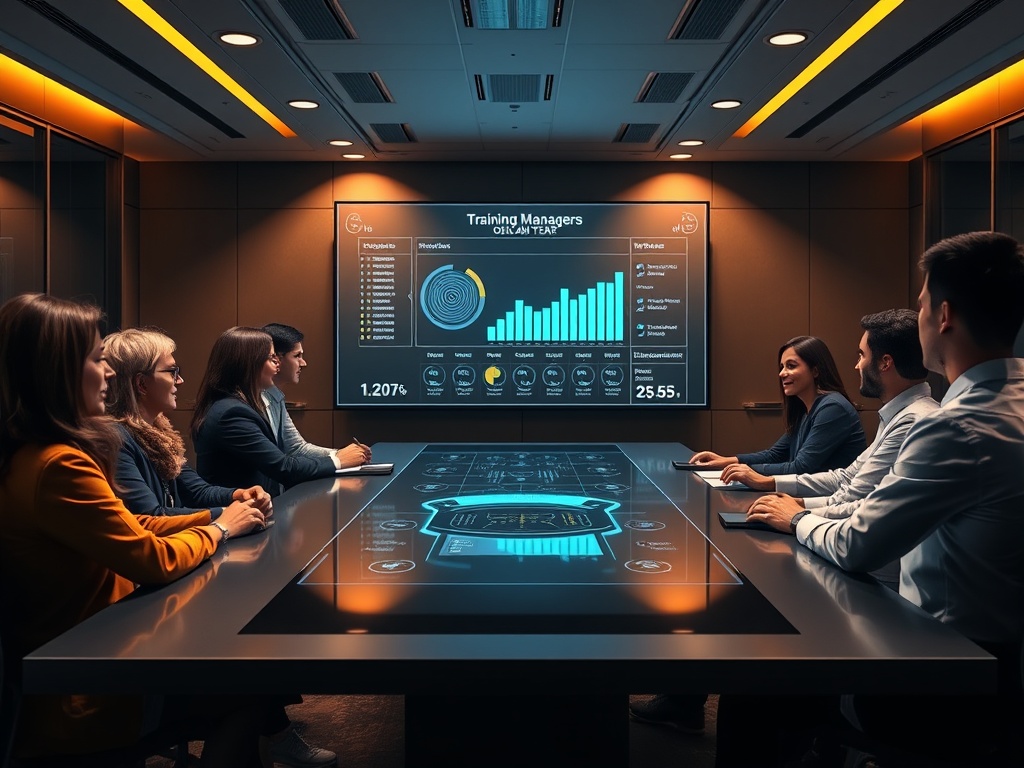 "A detailed, modern training room scene showing a diverse group of facility managers around a sleek table, holographic dashboard displaying multi-year costs and maintenance timelines, warm lighting, blue and green accents, realistic shadows."