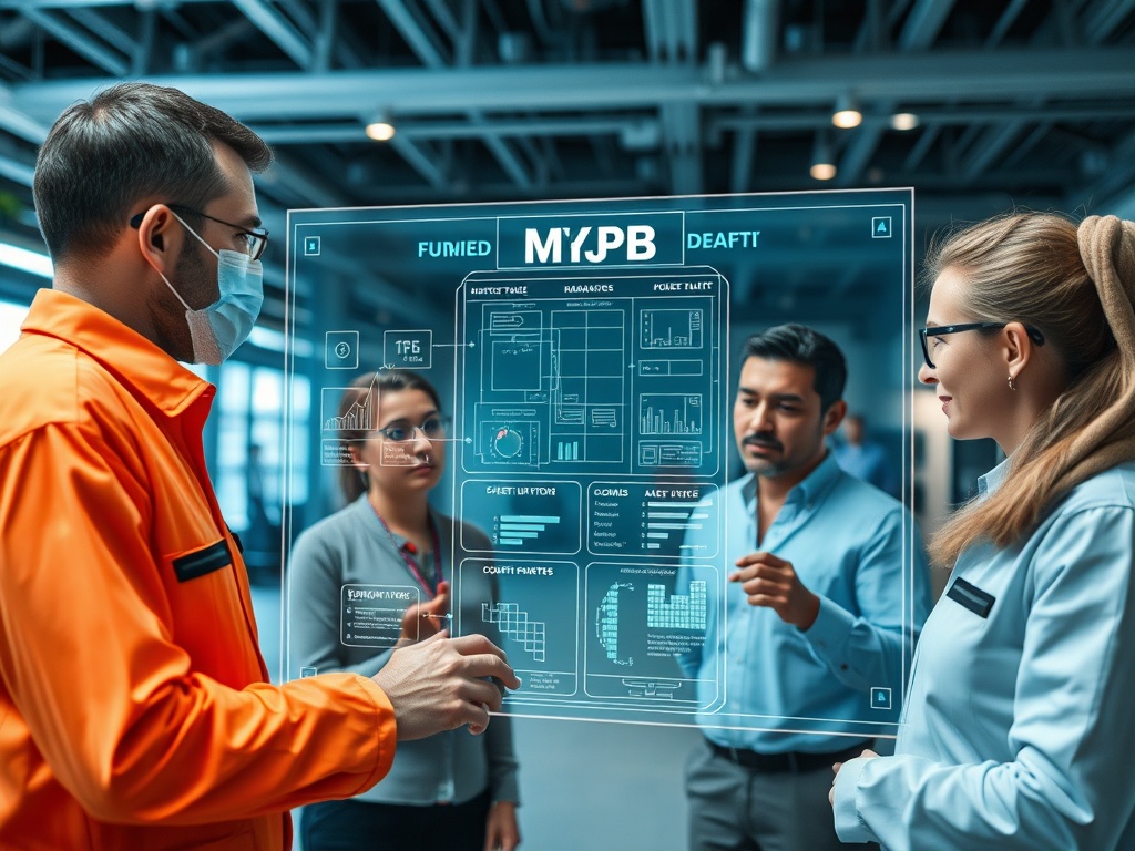 "Aided facility managers reviewing a futuristic, detailed MJB template on a holographic display, diverse professionals analyzing life expectancy, costs, and planning."