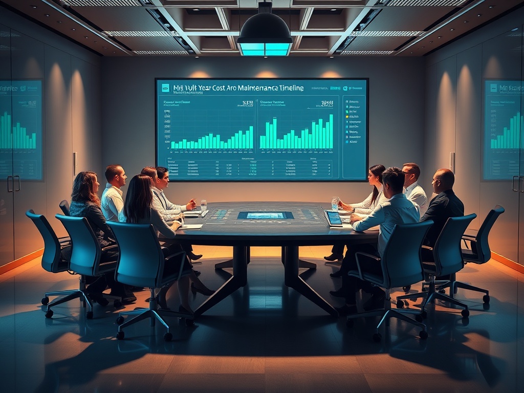 "A detailed, modern training room scene showing a diverse group of facility managers around a sleek table, holographic dashboard displaying multi-year costs and maintenance timelines, warm lighting, blue and green accents, realistic shadows."