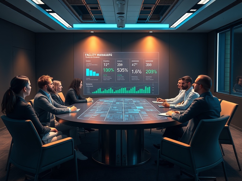 "A detailed, modern training room scene showing a diverse group of facility managers around a sleek table, holographic dashboard displaying multi-year costs and maintenance timelines, warm lighting, blue and green accents, realistic shadows."