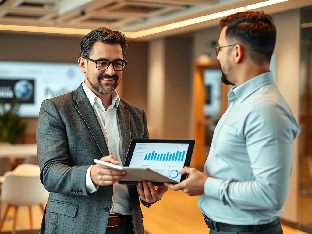 "A seasoned MHCA expert presenting a gleaming, tailored MJB template on a tablet to a facility manager, fade-to-sleek data dashboards, warm corporate tones, modern office."