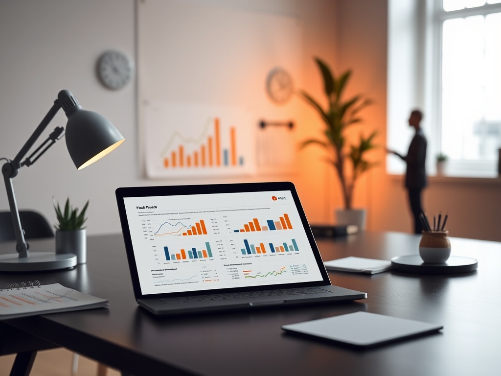 A calm modern office desk with an open financial template on a laptop, filled multiyear forecast charts, subtle checklist icons, warm confident lighting, entrepreneur silhouette, no logos.