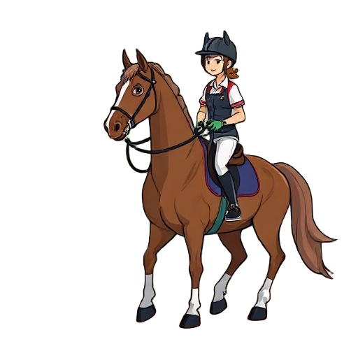 Carefully describe an image in great detail that needs to be generate, use quotes to split visual things. "horse" "rider" "video" showing a stylized closeup full-body cartoon horse and rider in a riding arena, the rider holding reins while a small rectang