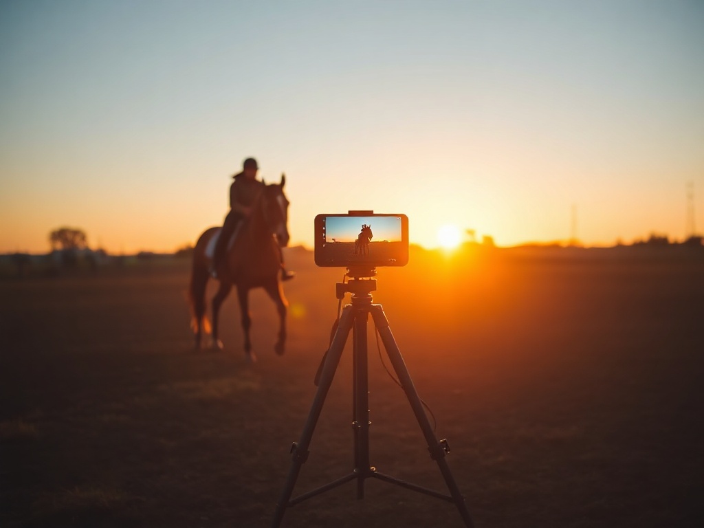 "A calm horse training arena at dusk; a rider filming themselves on a tripod; a screen glow with coaching-like focus; subtle arrows of light indicating timing, posture, rhythm, hands, horse response; cinematic realism"
