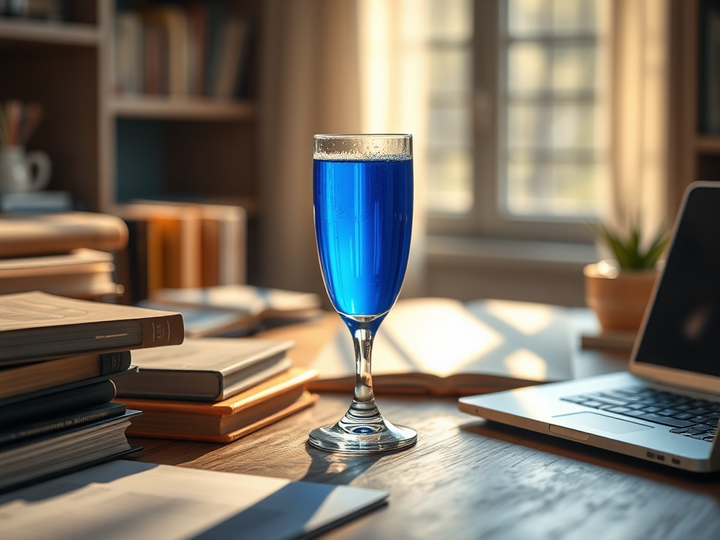 Een rustige werkplek met een glas blauwe vloeistof.