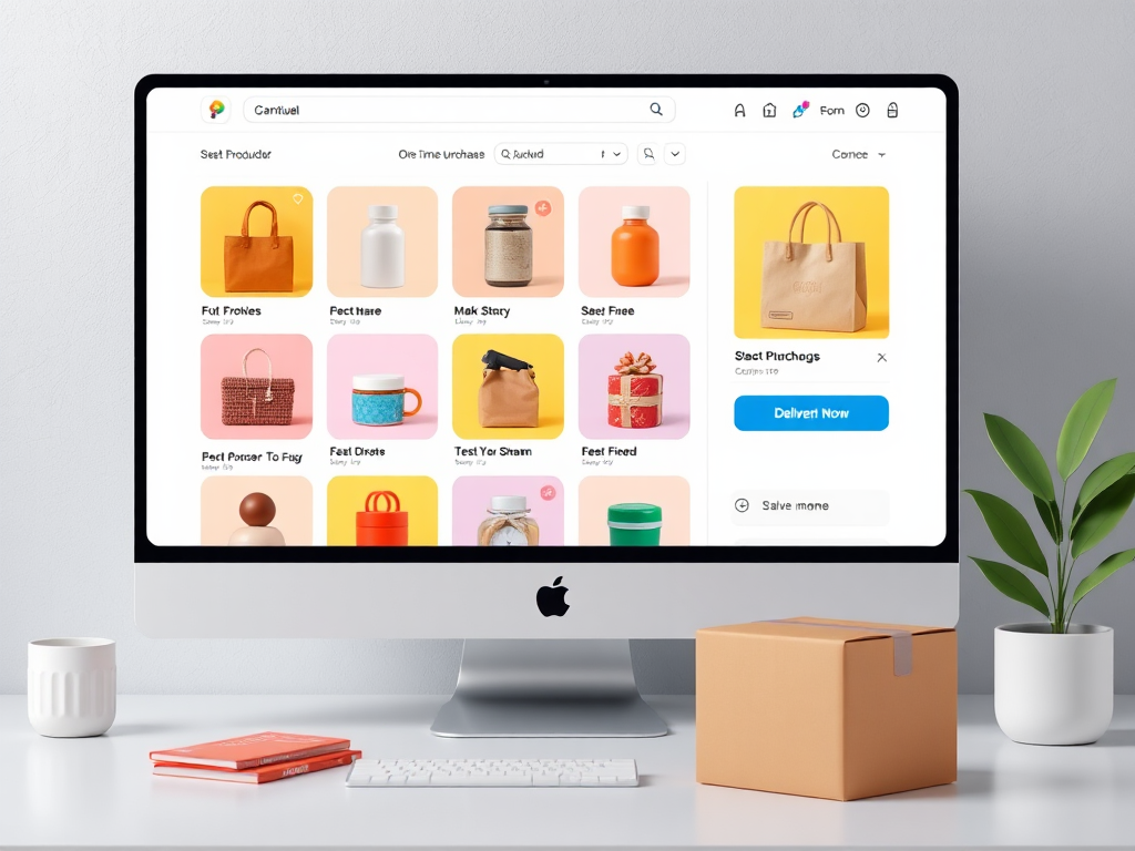 Moderne online winkelinterface met kleurrijke productafbeeldingen.