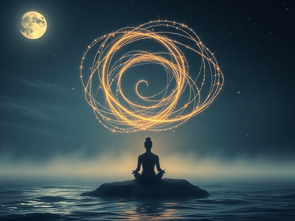 Ethereal moonlit sanctuary, floating golden light threads forming a gentle spiral above a seated silhouette, serene ocean mist, subtle star dust, soft glow atmosphere of clarity and next step.