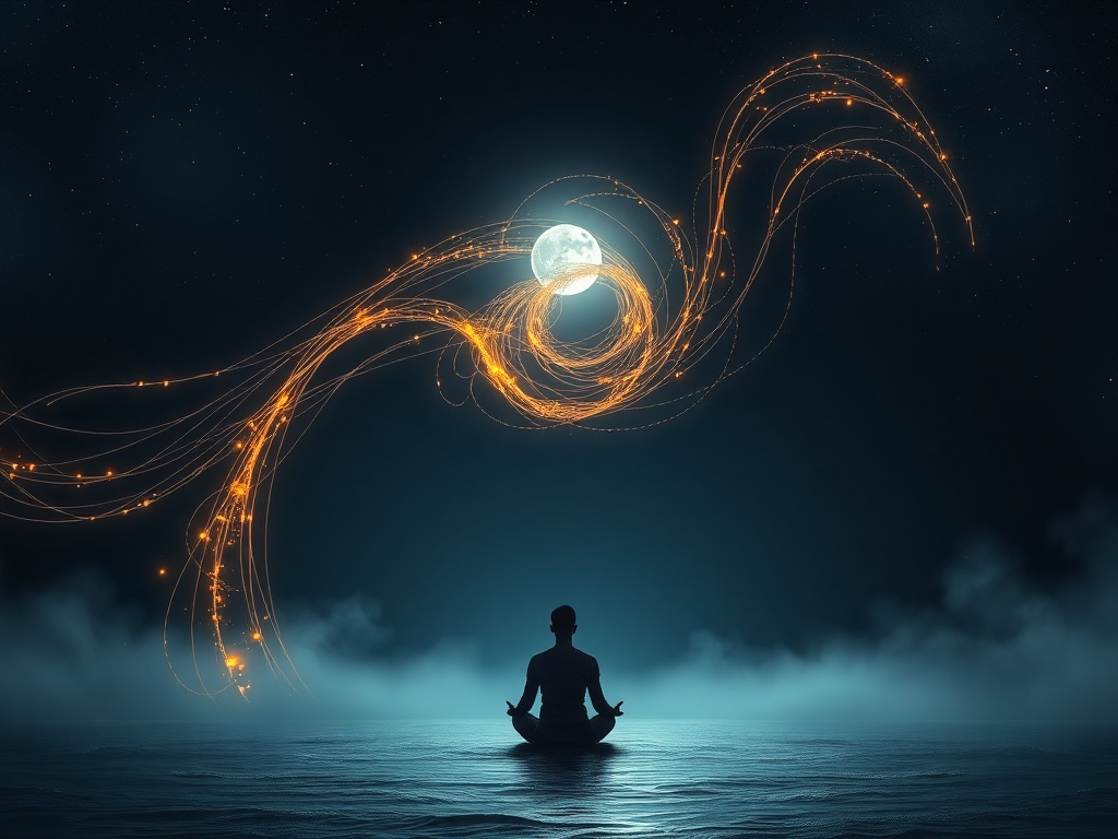 Ethereal moonlit sanctuary, floating golden light threads forming a gentle spiral above a seated silhouette, serene ocean mist, subtle star dust, soft glow atmosphere of clarity and next step.