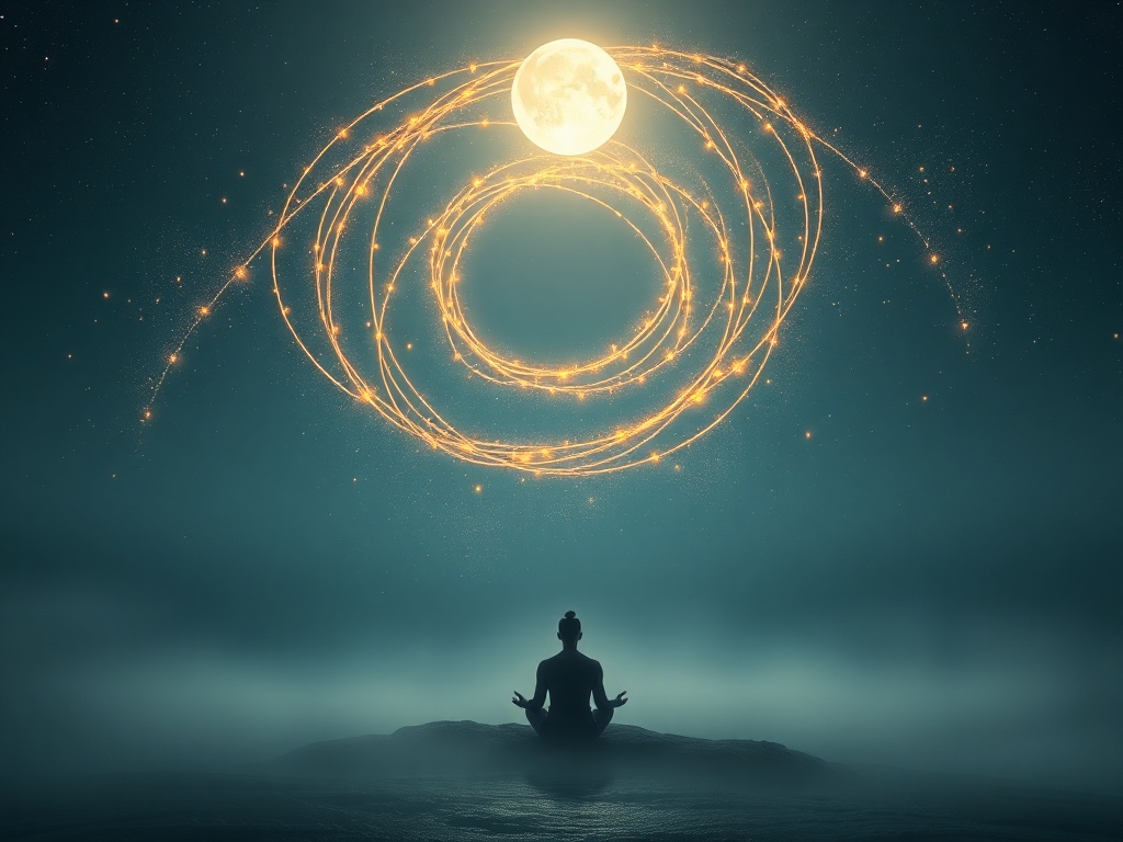 Ethereal moonlit sanctuary, floating golden light threads forming a gentle spiral above a seated silhouette, serene ocean mist, subtle star dust, soft glow atmosphere of clarity and next step.
