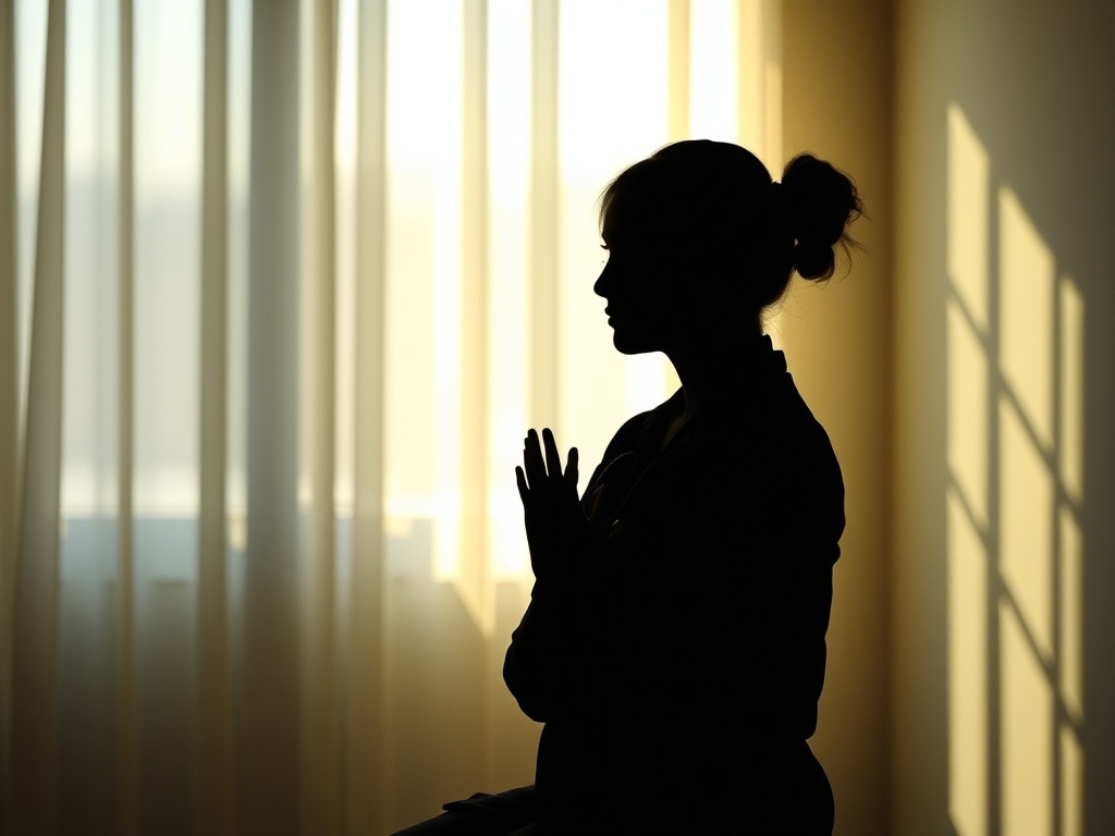 A calm healthcare worker silhouette “in a softly lit room,” hands resting, “gentle glowing spiral” symbolizing reflection, resilience, and coaching connection.