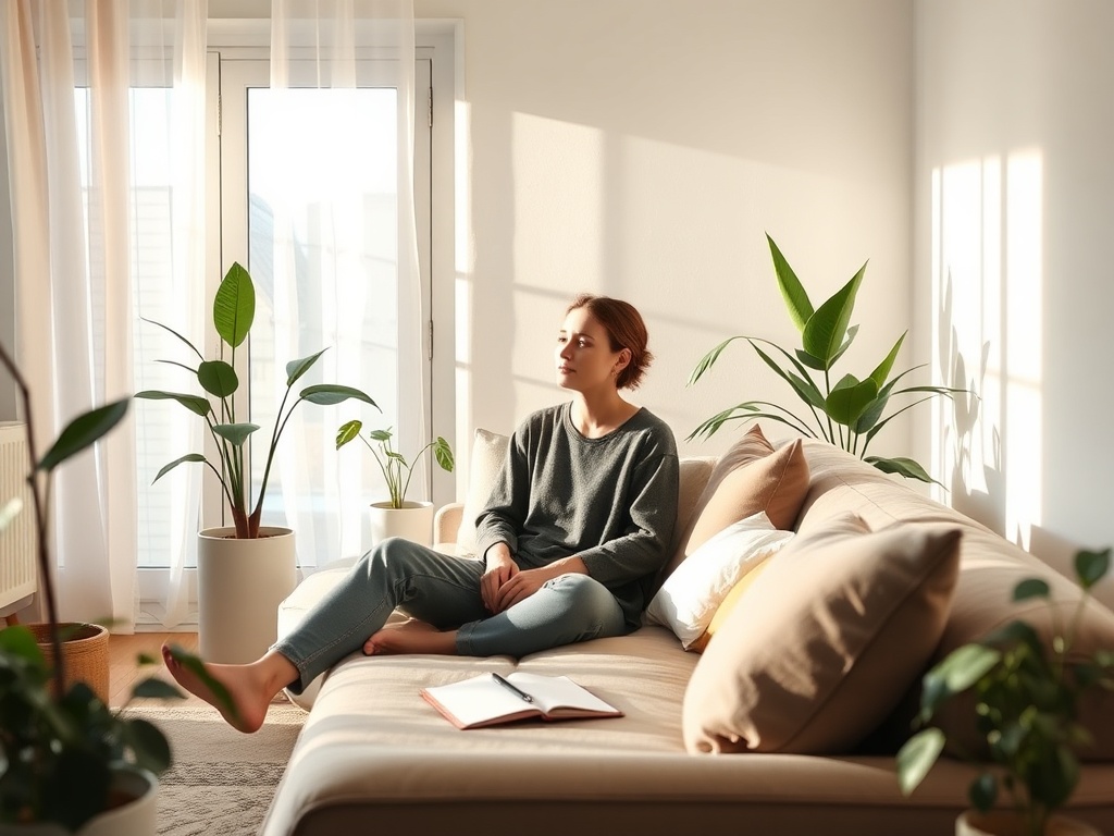 "A calm, modern living space with a relaxed person starting a simple daily routine, soft morning light, plants, a notebook, and subtle energy cues."