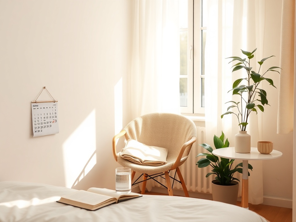 "A serene, sunlit bedroom corner with a cozy chair, journal, and water glass; a calendar, plant, and soft morning light; calming colors."