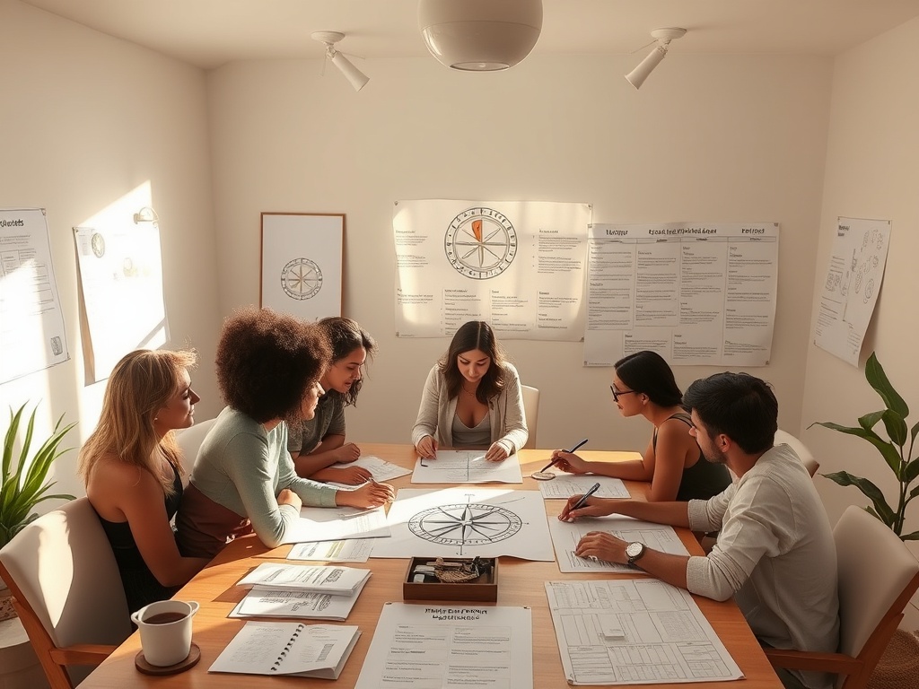 "A serene, sunlit workspace where a diverse group maps out life goals using a values compass, habit trackers, and a transparent plan, with subtle symbols of growth."