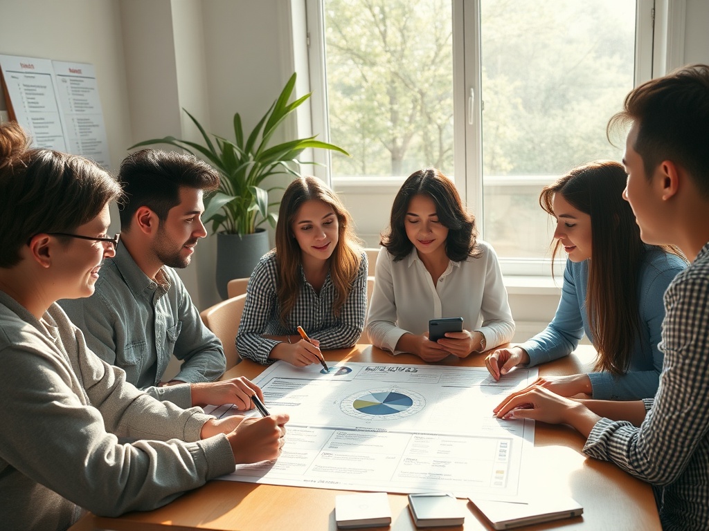 "A serene, sunlit workspace where a diverse group maps out life goals using a values compass, habit trackers, and a transparent plan, with subtle symbols of growth."