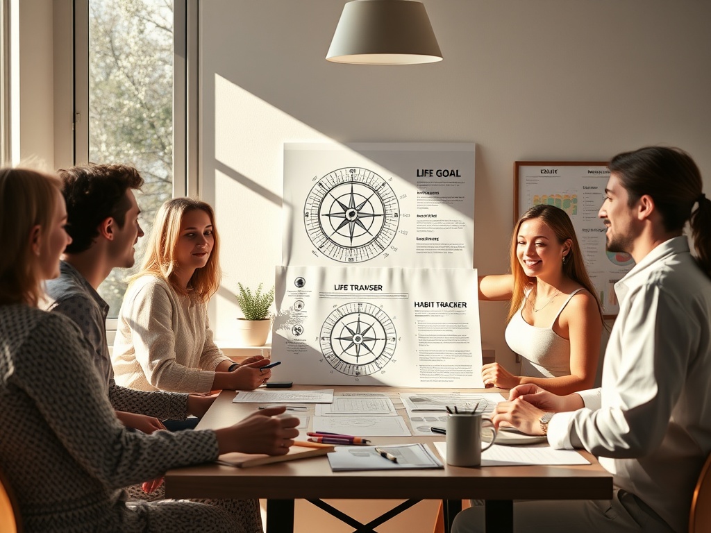 "A serene, sunlit workspace where a diverse group maps out life goals using a values compass, habit trackers, and a transparent plan, with subtle symbols of growth."