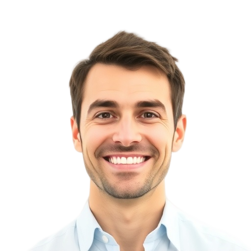 A person smiling to the camera with a white background looking like