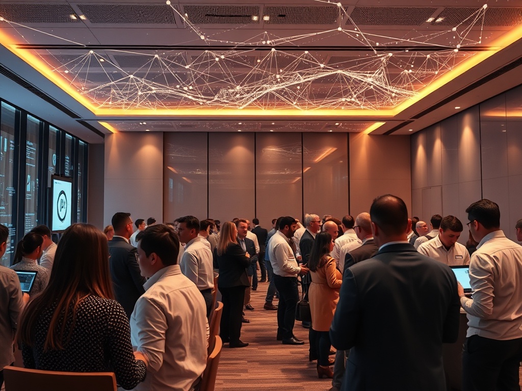 "A sleek conference hall scene with diverse IT leaders networking, abstract tech connections glowing overhead, premium atmosphere, warm lighting, future-forward energy, no logos."