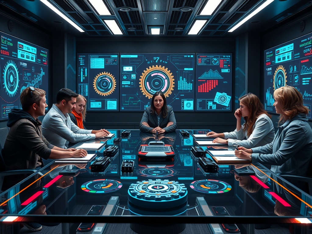 "A futuristic boardroom scene, diverse tech leaders around a glass table, illuminated dashboards, gears and neon accents, calm bold focus, startup energy."