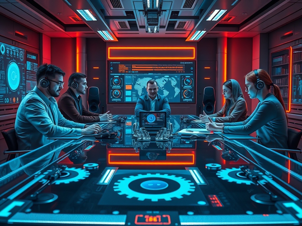 "A futuristic boardroom scene, diverse tech leaders around a glass table, illuminated dashboards, gears and neon accents, calm bold focus, startup energy."