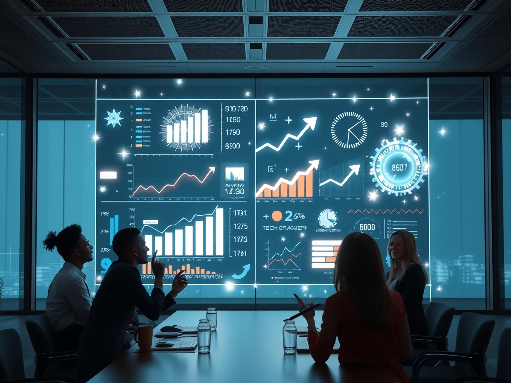 "A sleek conference room where diverse tech founders watch a large transparent glass board; on it, radiant charts, arrows, and optimistic numbers glow, silhouettes celebrating."