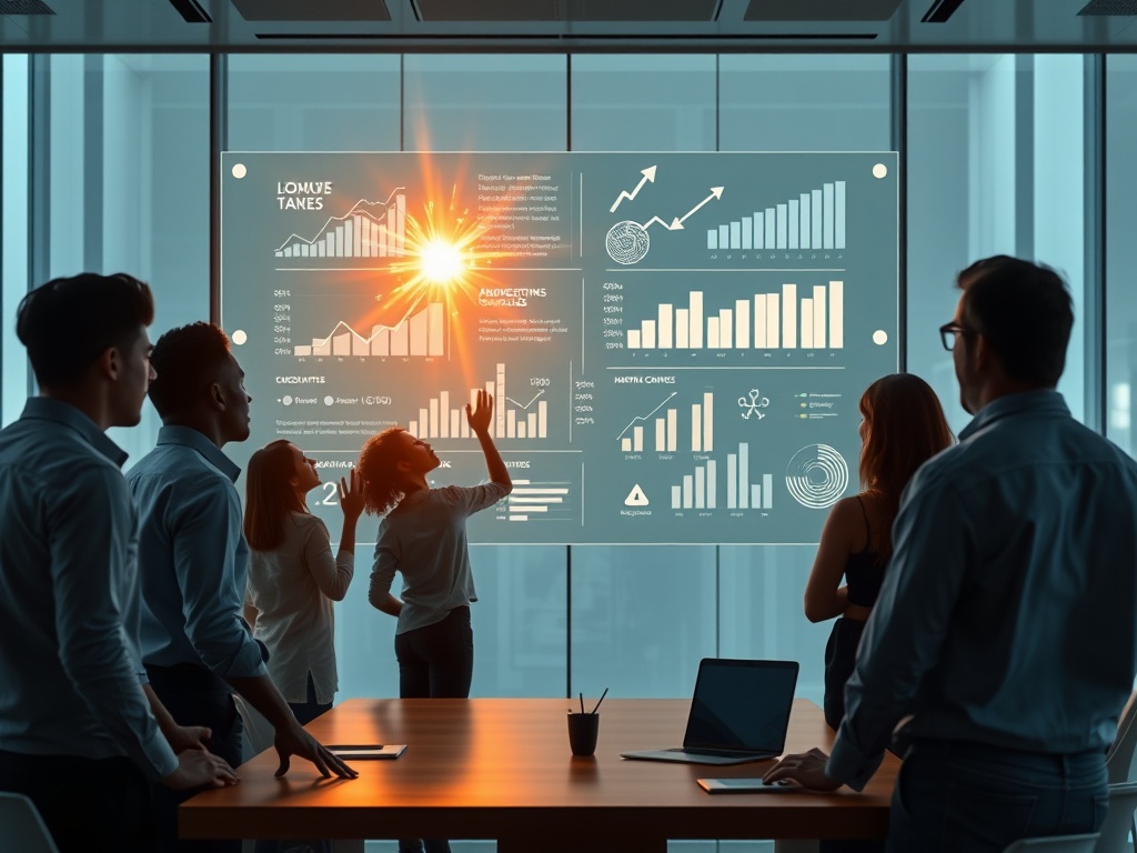 "A sleek conference room where diverse tech founders watch a large transparent glass board; on it, radiant charts, arrows, and optimistic numbers glow, silhouettes celebrating."