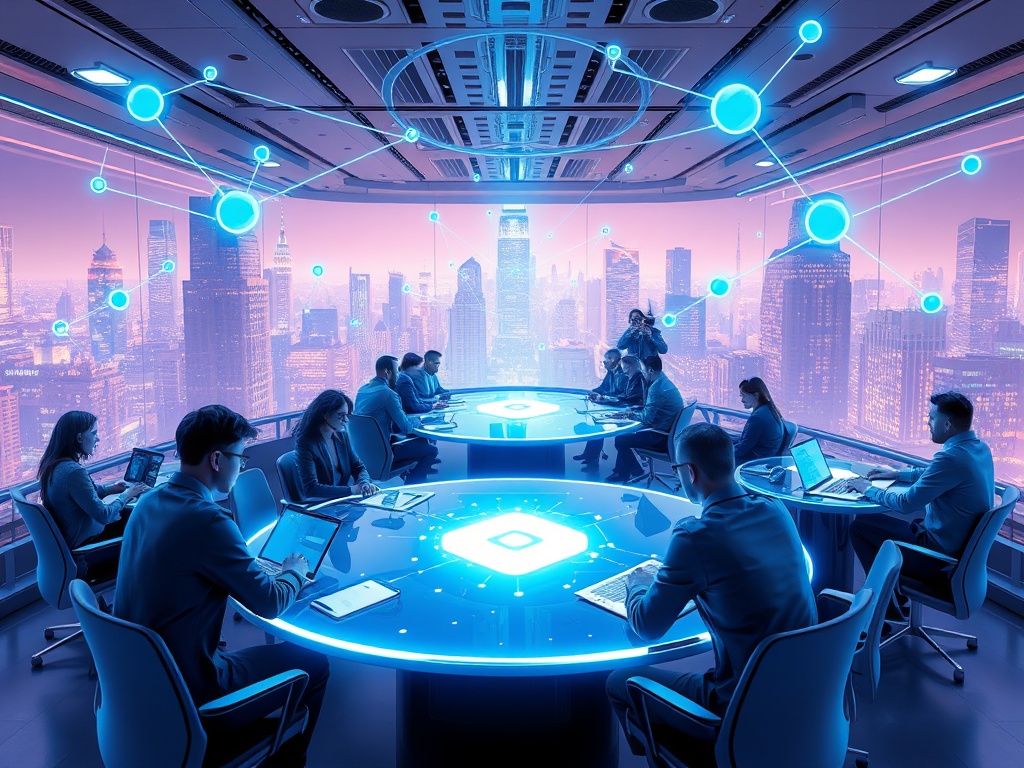 "A sleek, illuminated network hub in a futuristic cityscape, diverse tech leaders exchanging ideas around glass tables, holographic connections branching between companies, vibrant blue tones."
