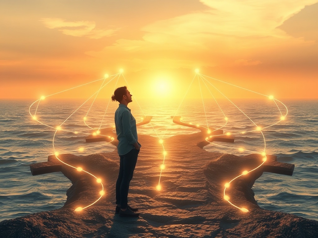 A thoughtful person at a crossroads, many open paths as soft glowing threads, calming ocean-like background, warm inner light, tranquil mindfulness mood.