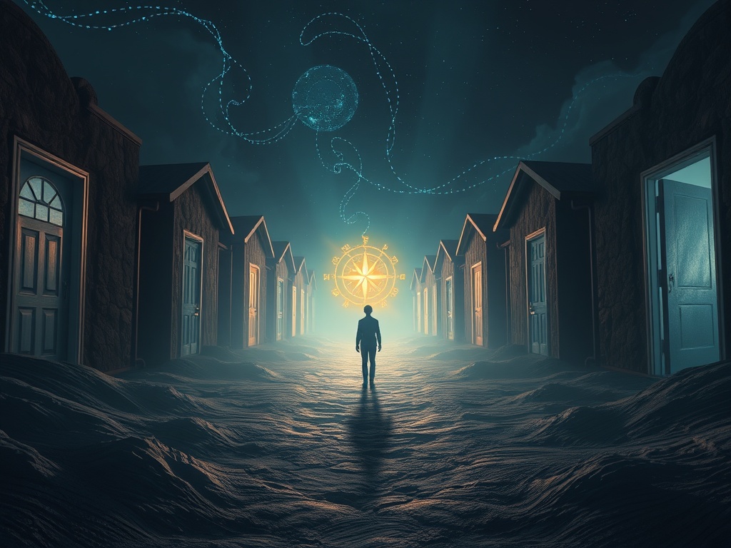 Surreal night landscape with a calm person between “many doors” and “diffuse paths”, a glowing “compass” emerging, soft colors, misty clarity.