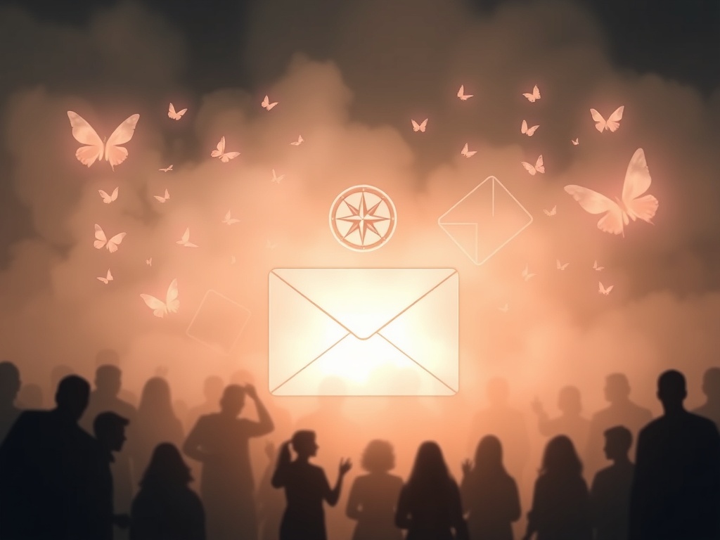 Ethereal inbox portal glowing softly, folded paper letters drifting like butterflies, calm compass icon in mist, welcoming warm light, diverse silhouettes listening.
