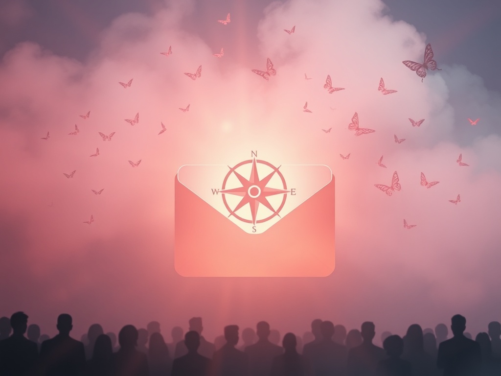 Ethereal inbox portal glowing softly, folded paper letters drifting like butterflies, calm compass icon in mist, welcoming warm light, diverse silhouettes listening.