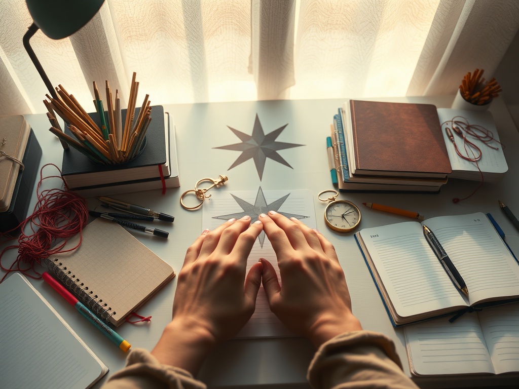 A calm desk scene with scattered notebooks and colored threads converging into one compass-like glow, warm sunrise light, reflective eyes, dreamy hands, soft shadows.