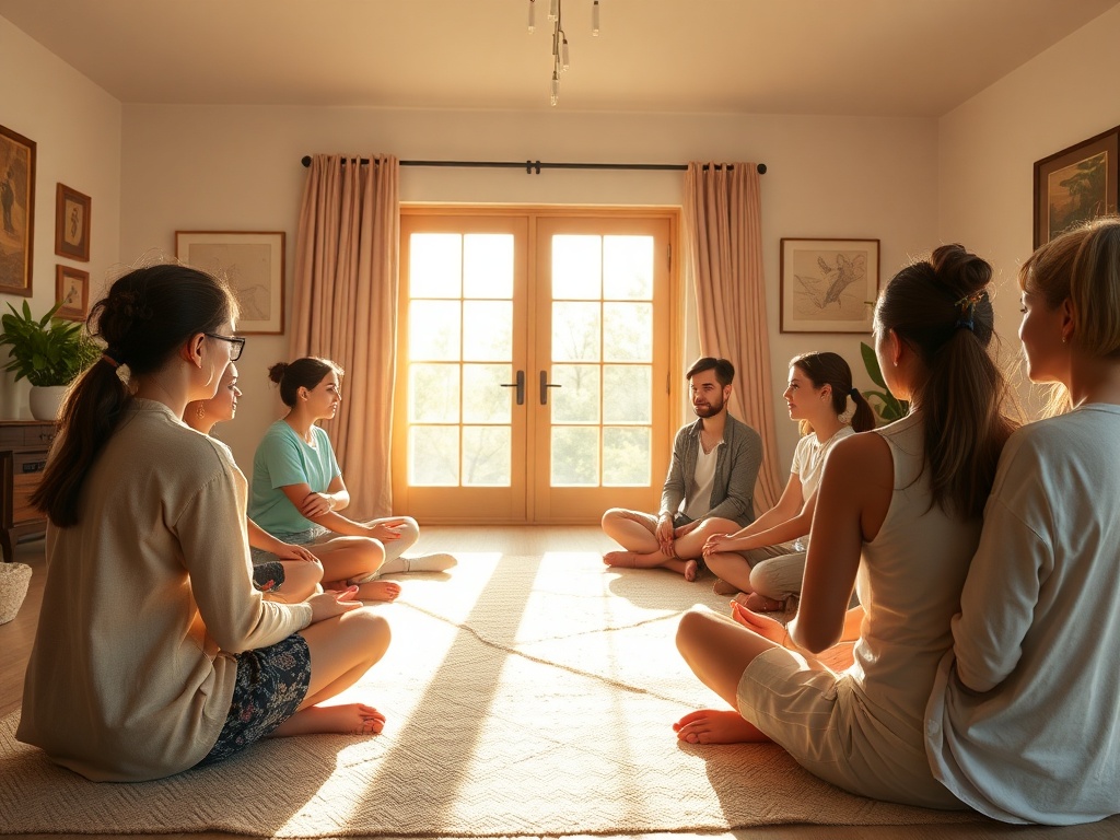 "A serene, sunlit room where a diverse group sits in a gentle circle, soft meditative glow, photographer capturing candid self-observation moments, warm, hopeful atmosphere."