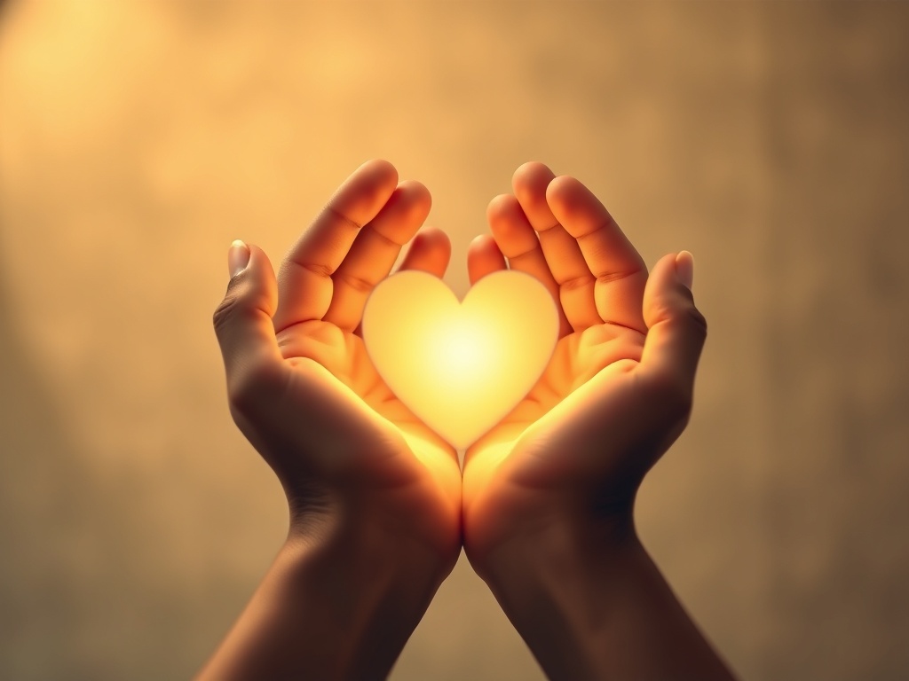 "hands offering a glowing heart" "soft warm light" "gentle textured background" "calm compassionate mood" "subtle depth of field"