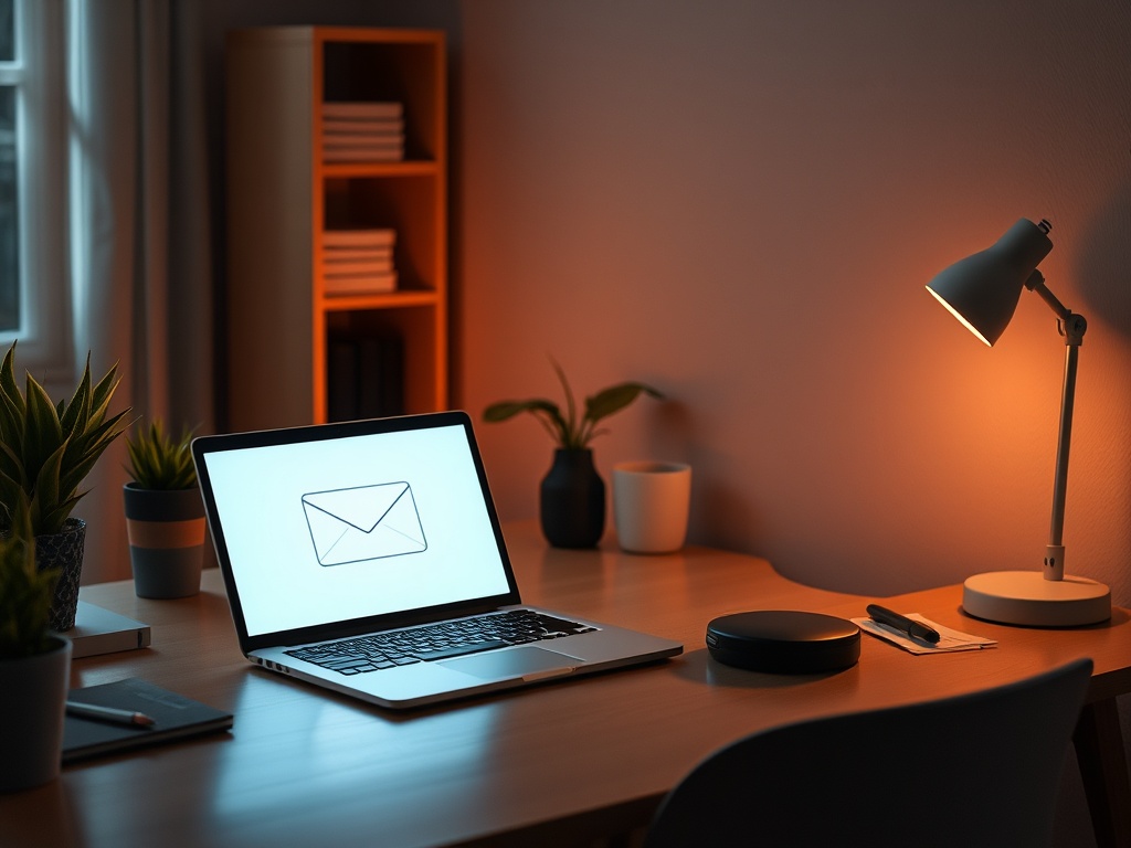 "modern home-office desk" "open laptop with generic email interface glow" "small hour-tiles as flexible pack" "warm reassuring lighting"