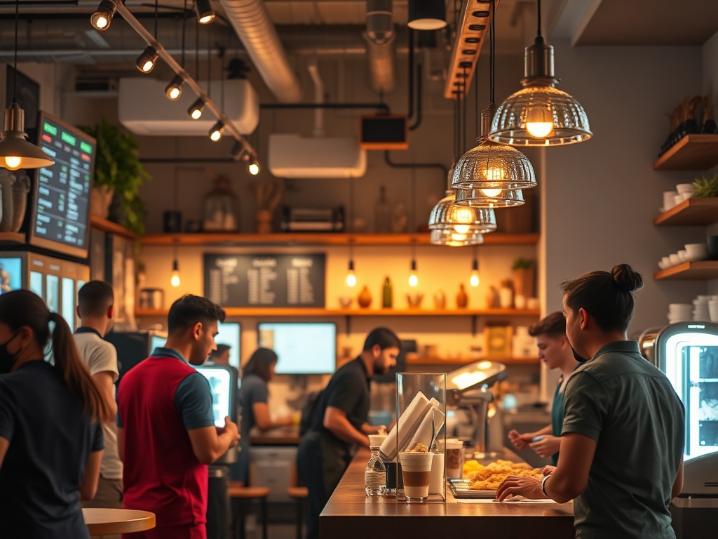 A vibrant horeca scene shows a bustling cafe with warm lighting, diverse staff, a digital dashboard glow, and customers enjoying premium service.