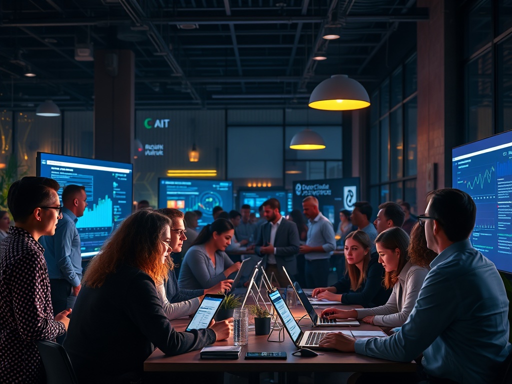 A vibrant Dutch business scene where diverse professionals explore AI tools; glowing dashboards, no-code interfaces, and a collaborative, supportive community atmosphere, cinematic lighting.