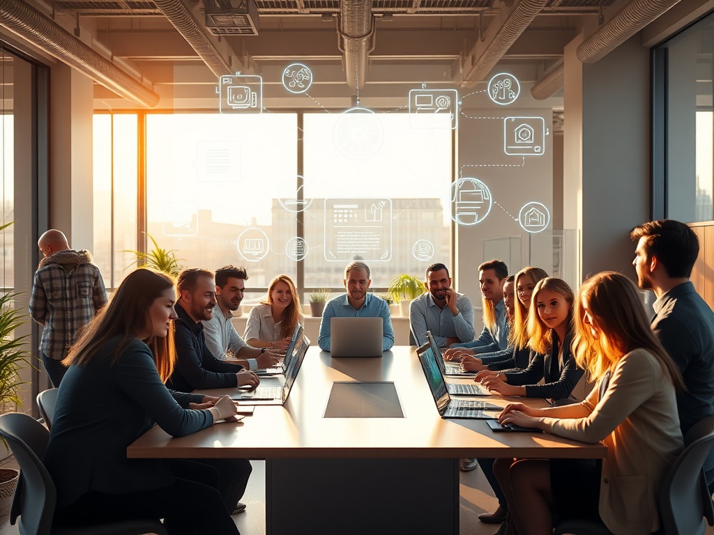 "A diverse group of businesspeople around a sleek desk, holographic AI workflow diagrams floating above, warm Dutch sunlight, modern office vibe, no-code tools on screens."