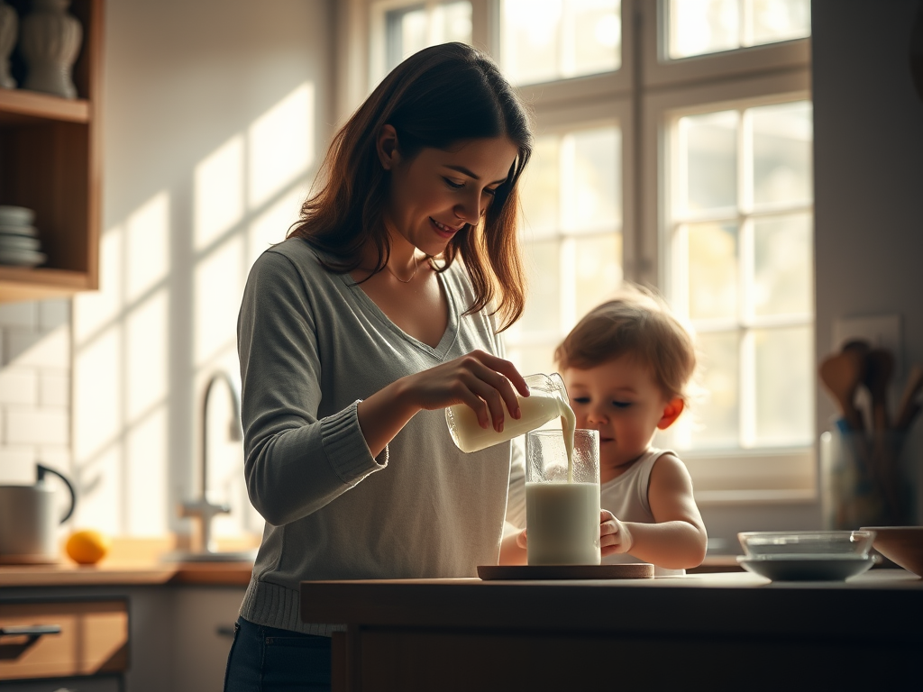 Een moeder giet melk in een glas, kind kijkt nieuwsgierig.