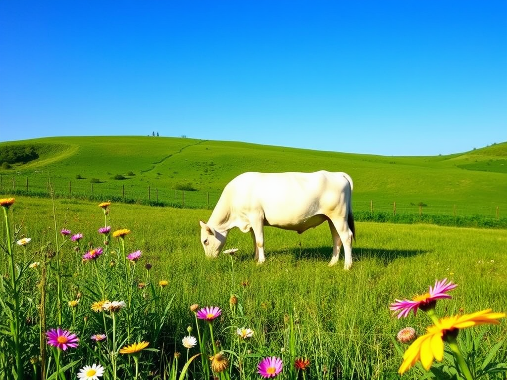 Een witte koe graast in een groen veld vol bloemen.