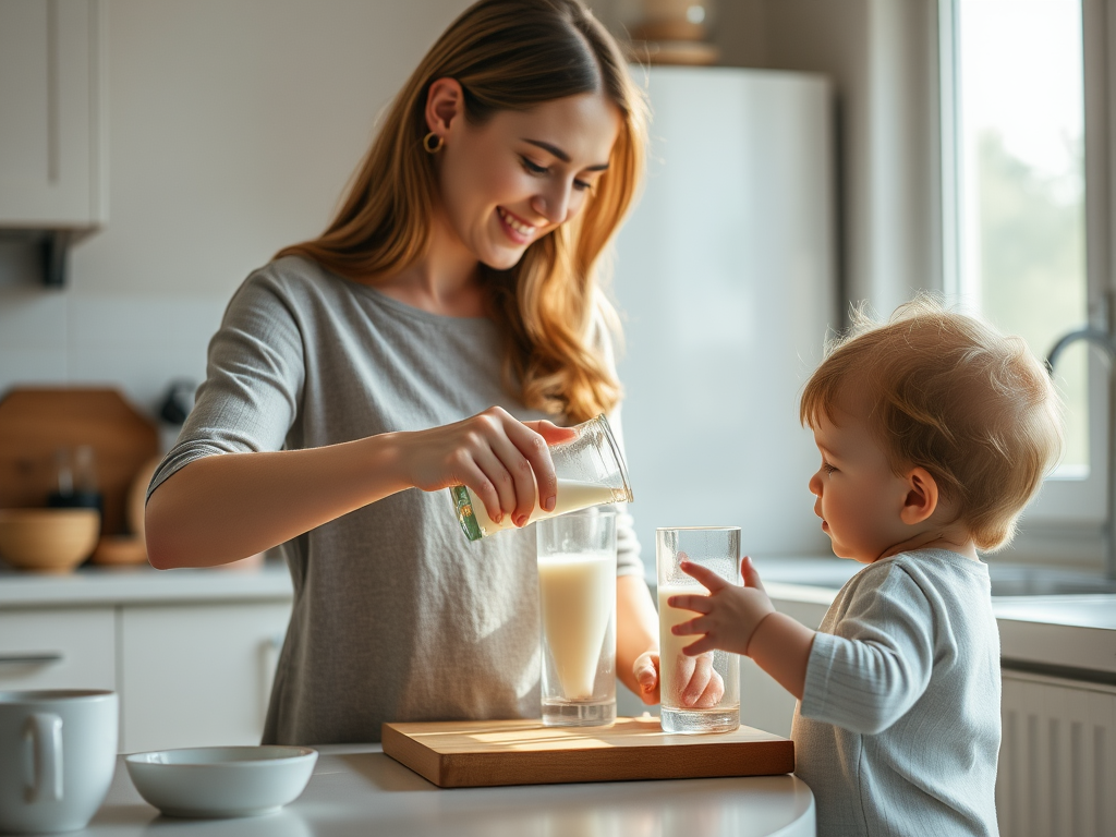 Een moeder giet melk in een glas terwijl haar kind kijkt.