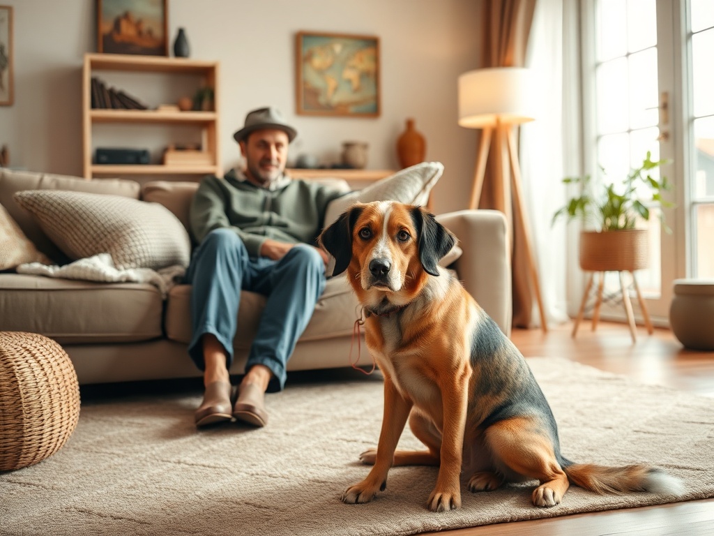 "A warm, inviting living room where a diverse, rescued dog patiently sits near a welcoming owner; soft light, calm atmosphere, hint of travel memories."