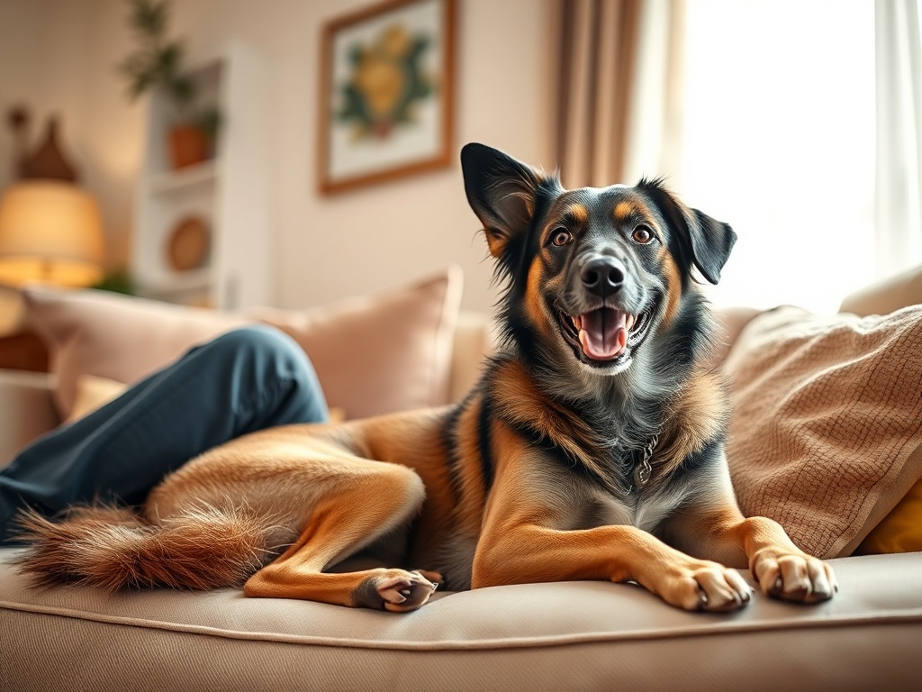 "A warm, inviting living room where a newly adopted foreign dog rests calmly beside a smiling owner, soft light, cozy cushions, and a subtle sense of trust."