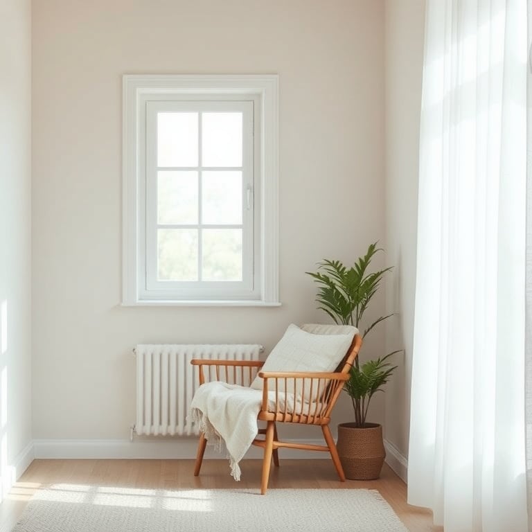 A serene, soft-toned scene of a calm, hopeful interior with a window letting in gentle light, a cozy chair, a comforting blanket, and a small plant, balanced composition.