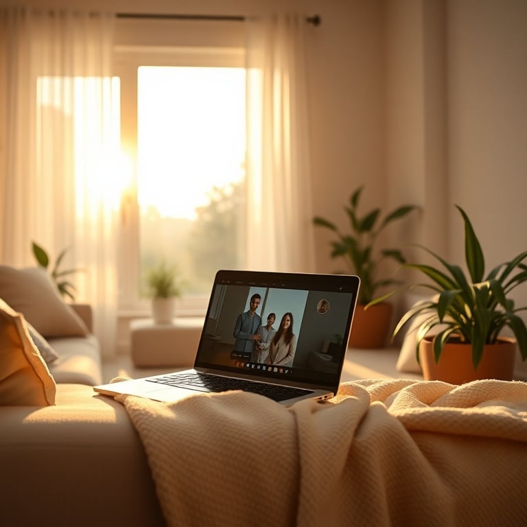 "A serene, sunlit living room at dawn; a warm, inviting workspace with a laptop showing a calm, compassionate video scene, gentle cushions, plants, soft blanket; a hopeful, quiet atmosphere suggesting recovery and balance."
