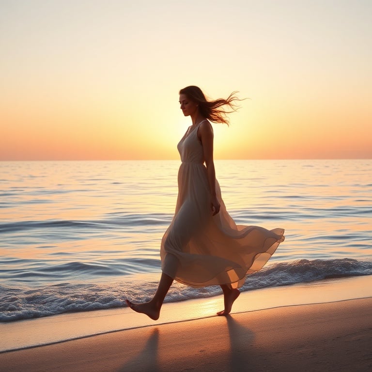 "Soft sunrise over a calm sea, a woman walking along the shore in a flowing dress, gentle wind, warm pastel colors, serene mood, balanced composition." This image is intended for use as a background, so ensure a balanced composition.You MUST not include A