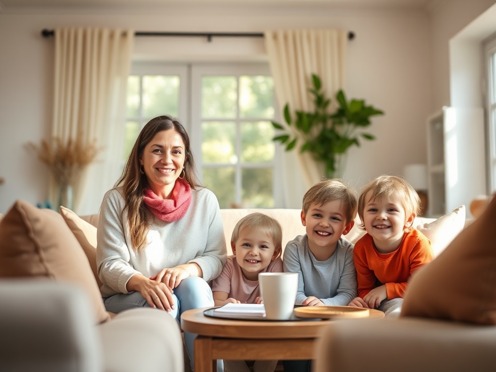 "A warm, inviting family setting with a calm parent and cheerful children in a sunlit living room, awaiting an EU au pair; soft colors, cozy furniture, subtle security cues."