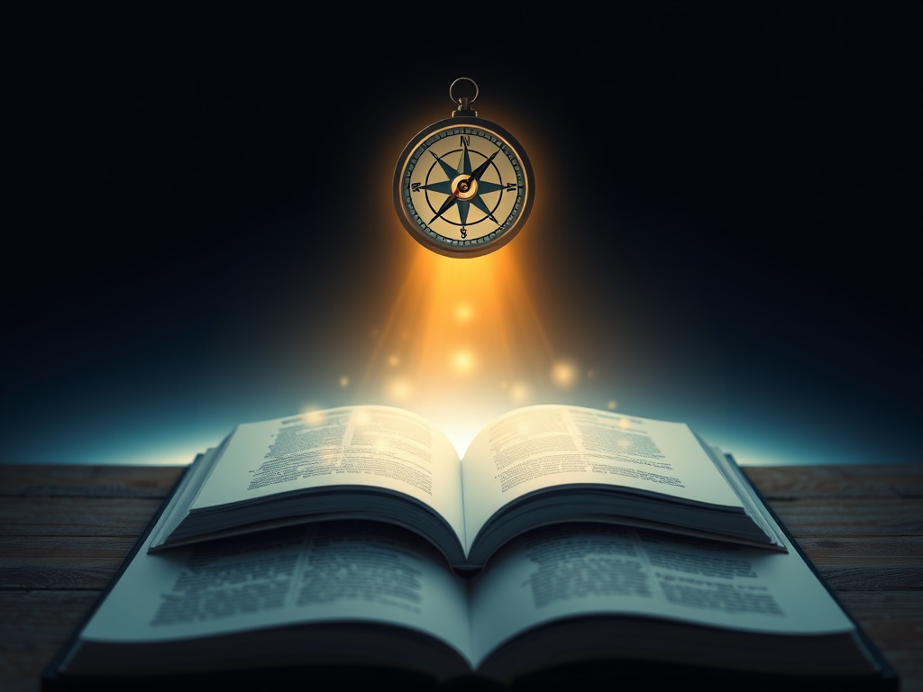 "A luminous compass hovering above an open notebook, glowing seven radiant paths leading to a horizon of freedom, health, wealth, and joy, surrounded by soft, uplifting light."