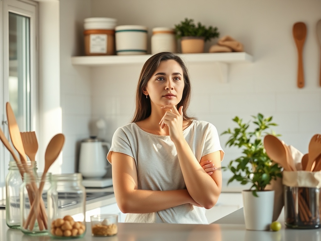 A thoughtful person in a bright kitchen, surrounded by glass jars, reusable cloth bags, wooden utensils, and a plant; soft morning light, calm, hopeful atmosphere. "