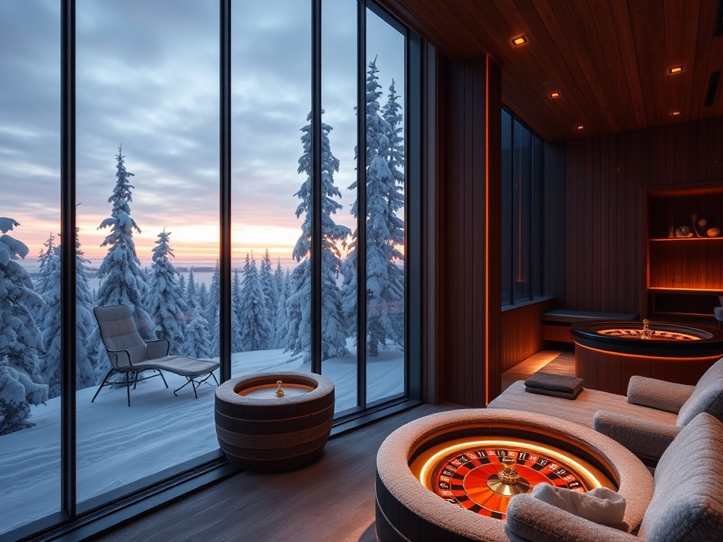 "snowy Finland at dusk" "luxury Nordic suite window glow" "VIP casino lounge with roulette tables" "private sauna steam room" "opal spa ambience"